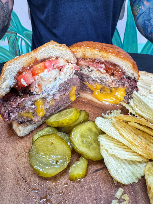 🔥 Stuffed Double Patty Burgers with Goat Cheese & Bacon Jam!